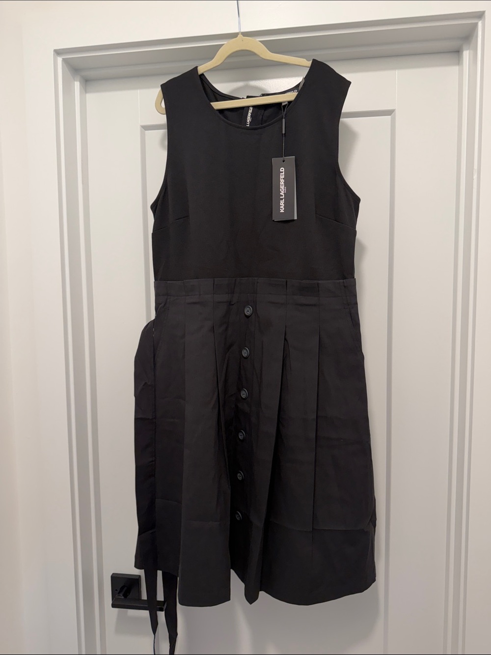 Karl Lagerfeld Black Sleeveless Midi Dress with Button-Front Skirt